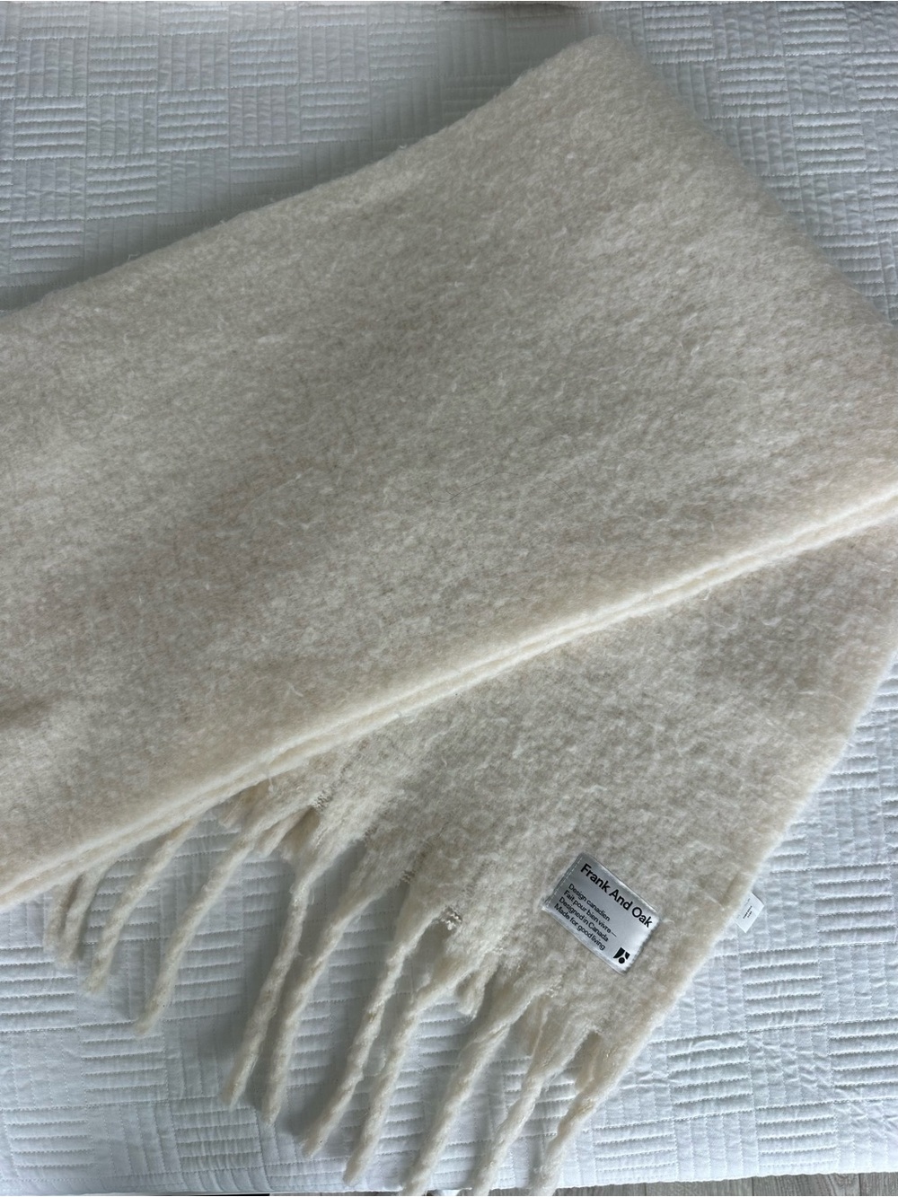 Frank & Oak Cream Wool Fringe Scarf